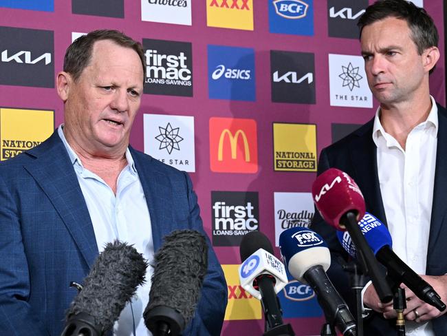 BRISBANE, AUSTRALIA - SEPTEMBER 27: Sacked coach Kevin Walters and CEO Dave Donaghy speak to the media during a Brisbane Broncos NRL press conference at Clive Berghofer Field on September 27, 2024 in Brisbane, Australia. (Photo by Bradley Kanaris/Getty Images)