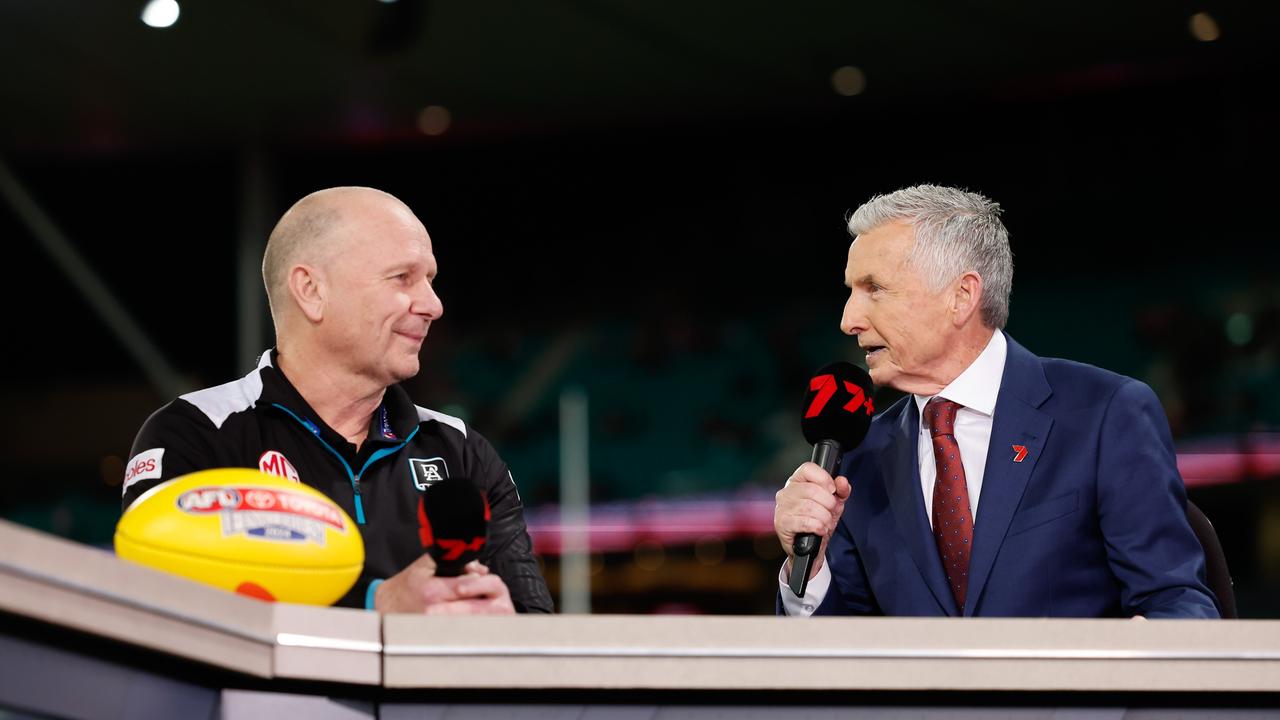 McAvaney hosted the pre-match duties, interviewing the likes of Port coach Ken Hinkley. (Photo by Dylan Burns/AFL Photos via Getty Images)