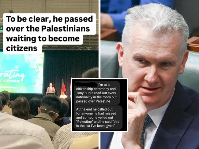 Home Affairs Minister Tony Burke has been accused of 'passing over' Palestinian migrants at a citizenship ceremony at Sydney Olympic Park on Sunday.