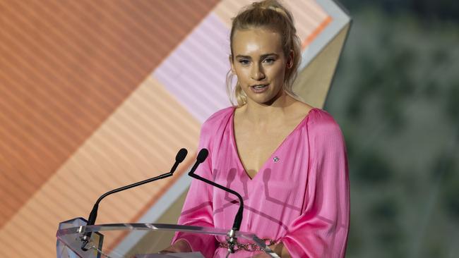 South Australian Isobel Marshall collects her Young Australian of The Year Award at the The 2021 Australian of the Year Awards ceremony at the National Arboretum in Canberra. Picture: NCA NewsWire/Martin Ollman