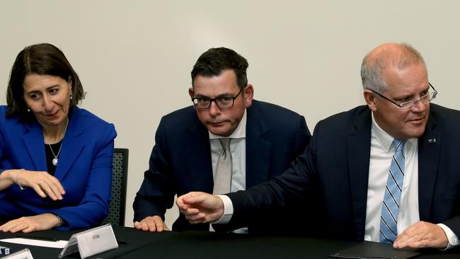 NSW Premier Gladys Berejiklian, Victorian Premier Daniel Andrews and Prime Minister Scott Morrison. Picture: Anna Rogers