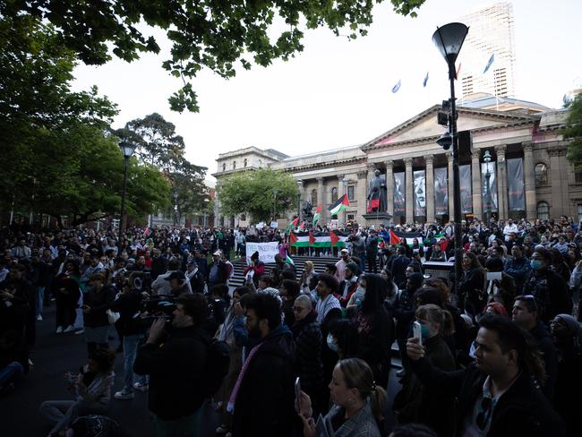 Thousands gather at the State Library to support Palestine following Israel’s declaration of war against Hamas. Picture: Andrew Henshaw