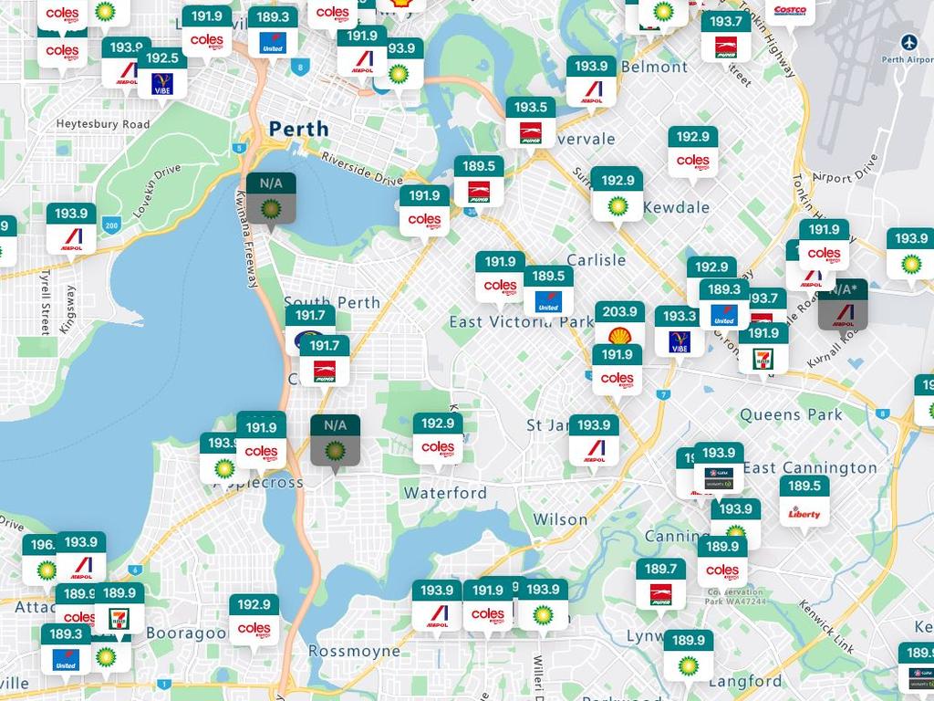 WA government website FuelWatch provides an up to date view of fuel prices and can be used on mobile browsers. Picture: FuelWatch