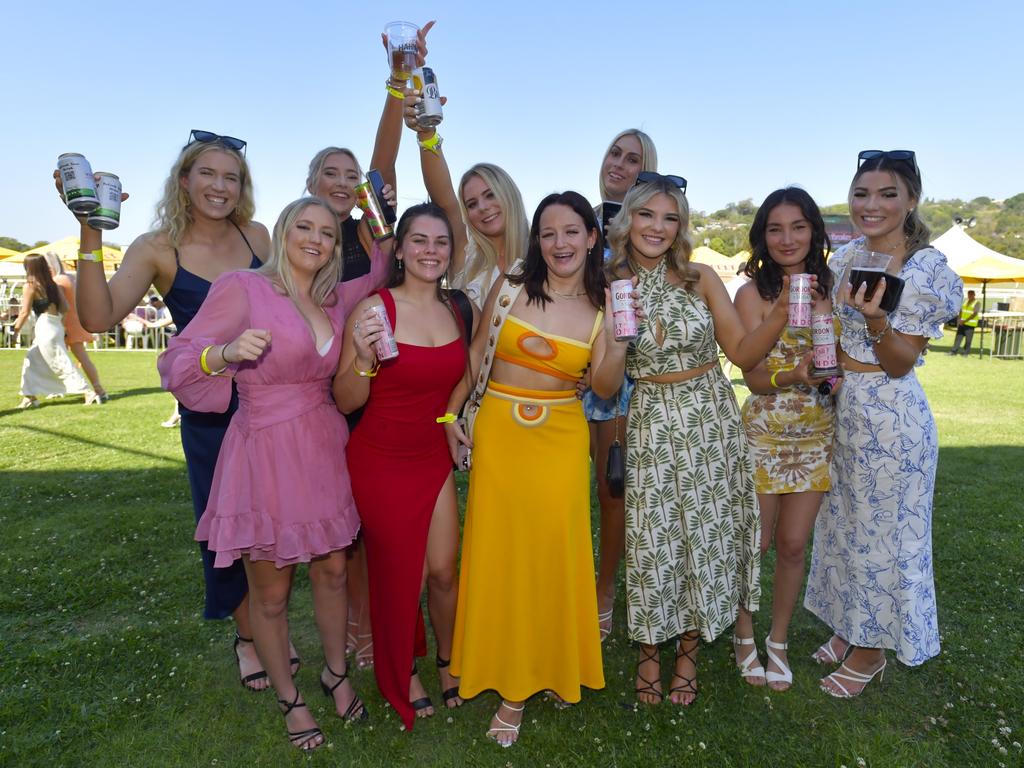 Olivia Voss, Portia Bienke, Matilda Elliott, Hannah Winkler, Montana Marton, Mia Welman, Tameka McIntosh, Piper Stevenson, Keira McDonald and Maya Chee having a great time at the Lismore Cup on Thursday.