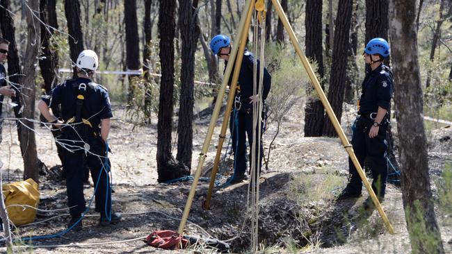 Police at Kangaroo Flat where Ms Quinlan’s body was found in a mineshaft. Picture: Daryl Pinder