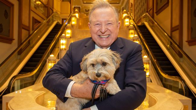 Peter Hitchener with Jo Hall’s dog Harley at the Langham Hotel. Pic: Darren McNamara