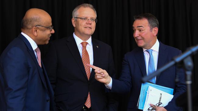 P Gupta , Prime Minister Scott Morrison and Premier of South Australia Steven Marshall . Picture: Tom Huntley