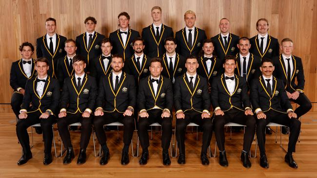 The 2023 All-Australian squad, including Gulden’s perfect bow tie (middle row, far left). (Photo by Dylan Burns/AFL Photos via Getty Images)