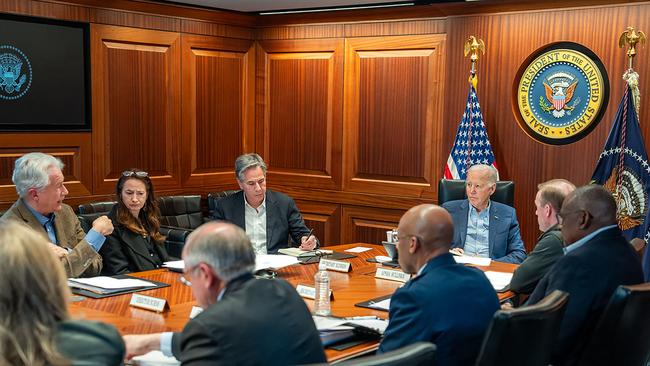 Joe Biden pictured in a meeting with his national security team in Washington, DC, after Iran launched a drone and missile attack on Israel.