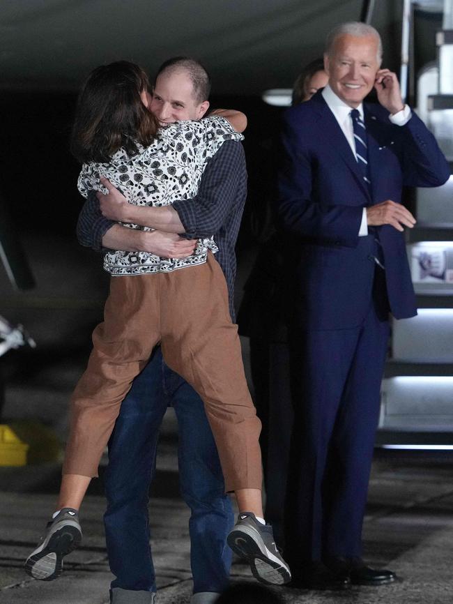 Evan Gershkovich greets his mother Ella Milman after arriving back in the United States. Picture: AFP