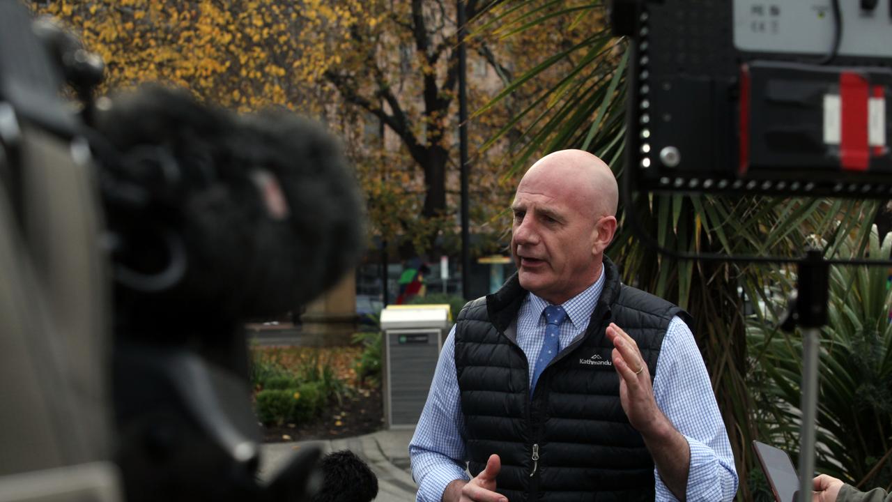 Tasmanian Treasurer Peter Gutwein talks to the media in Franklin Square in Hobart on Monday June 10, 2019.