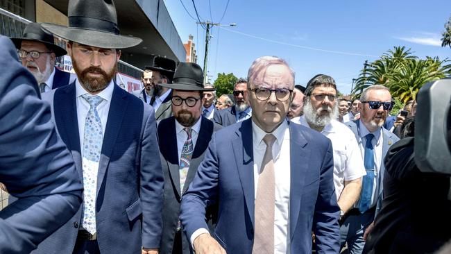 Anthony Albanese visited Adass Israel Synagogue in Ripponlea on Tuesday, after the synagogue was destroyed in a suspected terrorist attack. Picture: NewsWire/ David Geraghty