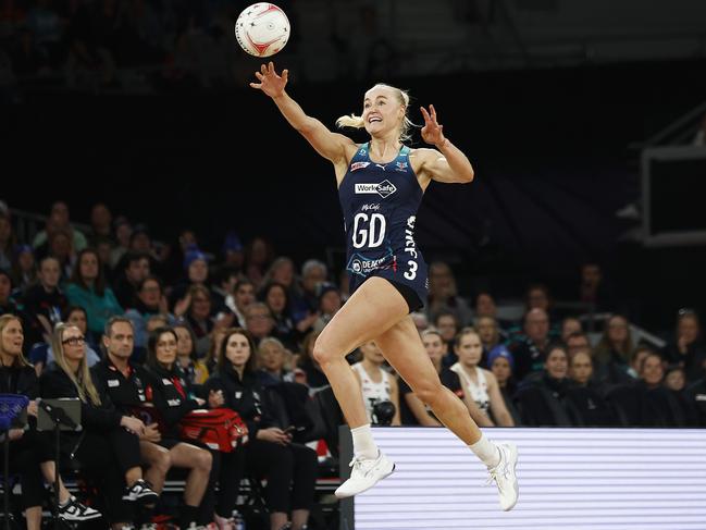 Jo Weston takes flight as the Vixens overcame an early deficit. Picture: Daniel Pockett/Getty Images