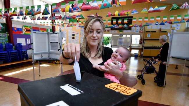 Niamh Gavin casts her vote as she holds her daughter Fiadh aged 5 months at a polling station in Athlone, Ireland. Picture: Charles McQuillan/Getty Images