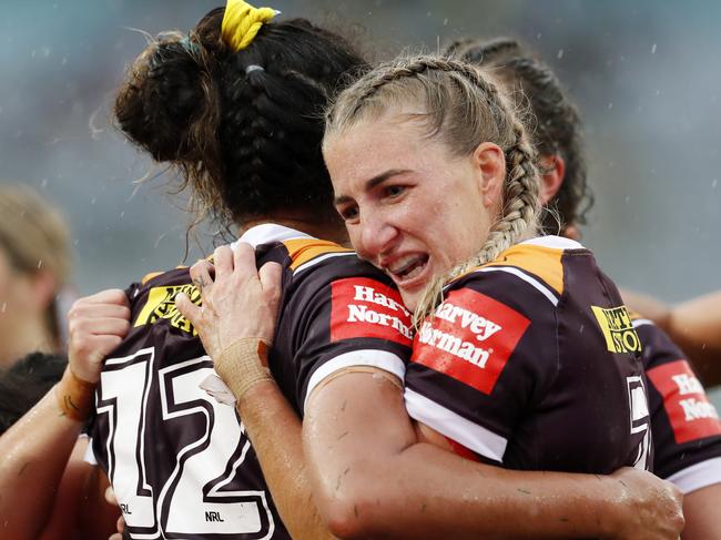 Broncos Ali Brigginshaw celbrating with Tallisha Harden after she scored a try during the NRLW Grand Final between the Brisbane Broncos and Sydney Roosters at ANZ Stadium, Homebush. Picture: Jonathan Ng