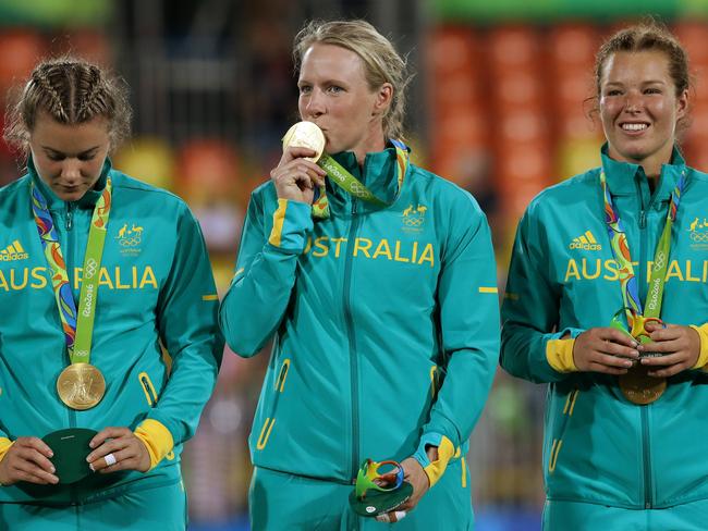 Gemma Etheridge kisses her medal to celebrate winning the 2016 Rio Olympic rugby sevens gold. Pic: Adam Head