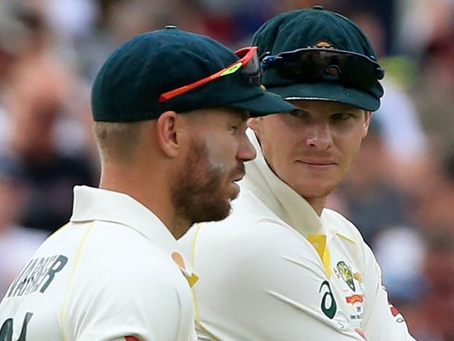 David Warner (left) and Steve Smith will soon return to Sheffield Shield cricket with NSW. Picture: AFP