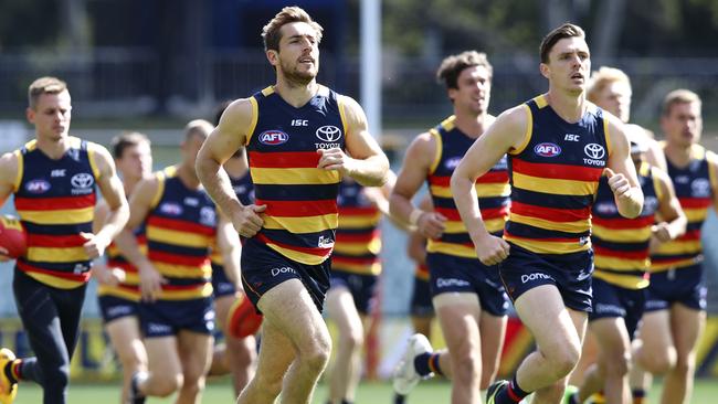 Richard Douglas, left, and Jake Lever at their last Crows training session together before last year’s grand final loss to Richmond. Picture: Sarah Reed.