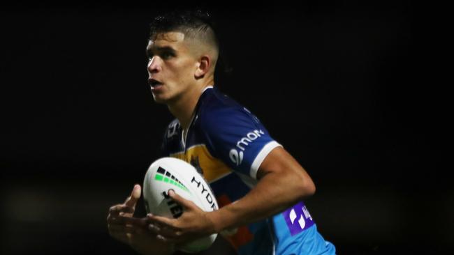 Gold Coast Titans fullback Jayden Campbell surveys the field during a pre-season trial against Burleigh Bears at Pizzey Park. February 20, 2021. Photo Jason O'Brien