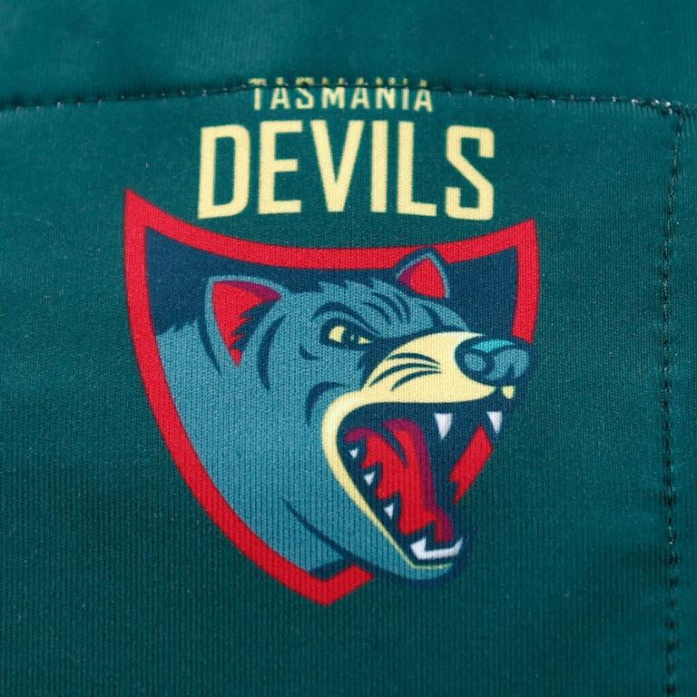 HOBART, AUSTRALIA - MAY 03: The Tasmania Devils logo is seen during the AFL Tasmanian Team Announcement at North Hobart Oval on May 03, 2023 in Hobart, Australia. (Photo by Michael Willson/AFL Photos via Getty Images)