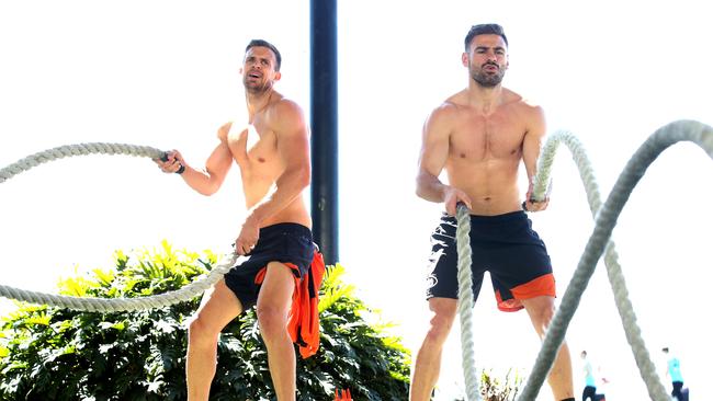 Brett Deledio and Stephen Coniglio working out at training last year. Picture: Phil Hillyard