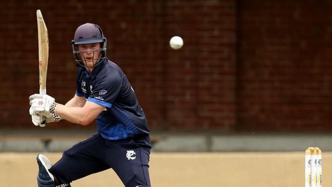 Premier Cricket 2021-22: Prahran v Dandenong Prahran Batsman Nick Blaich plays a cut shot.Picture: Stuart Milligan