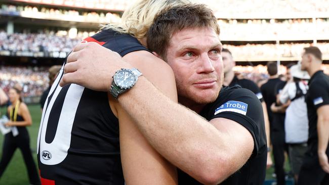 MELBOURNE, AUSTRALIA - SEPTEMBER 30: Taylor Adams of the Magpies and Darcy Moore of the Magpies celebrate during the 2023 AFL Grand Final match between the Collingwood Magpies and the Brisbane Lions at the Melbourne Cricket Ground on September 30, 2023 in Melbourne, Australia. (Photo by Michael Willson/AFL Photos via Getty Images)