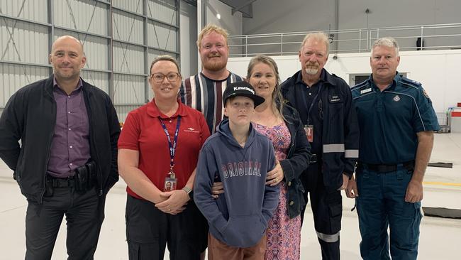 REUNION: Jake Bacon, alongside Josh and Juanita Bacon, met with the Royal Flying Doctor Service crew and Queensland Ambulance Service paramedic in a heart-warming reunion teaming with gratitude.