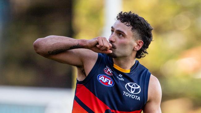 HOBART, AUSTRALIA - APRIL 27: Izak Rankine celebrates a goal for Adelaide Crows during the 2024 AFL Round 07 match between the North Melbourne Kangaroos and the Adelaide Crows at Blundstone Arena on April 27, 2024 in Hobart, Australia. (Photo by Linda Higginson/AFL Photos via Getty Images)