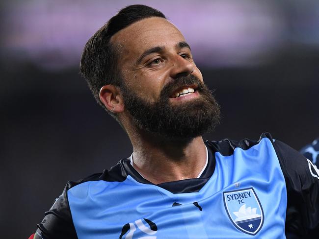 Alex Brosque of Sydney (left) celebrates after scoring a goal during the A-League round 11 football match between Sydney FC and Melbourne City at the Allianz Stadium in Sydney, Friday, December 15, 2017. (AAP Image/David Moir) NO ARCHIVING, EDITORIAL USE ONLY