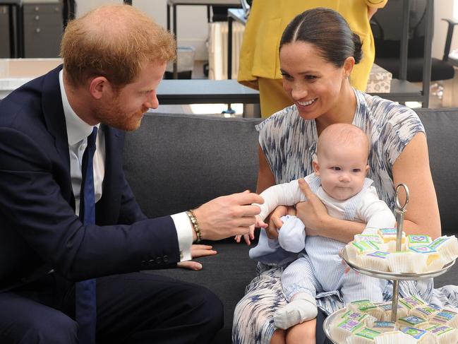 the Duke and Duchess of Sussex appeared strained during their meeting with Archbishop Desmond Tutu at the Tutu foundation in Cape Town. Picture: AFP