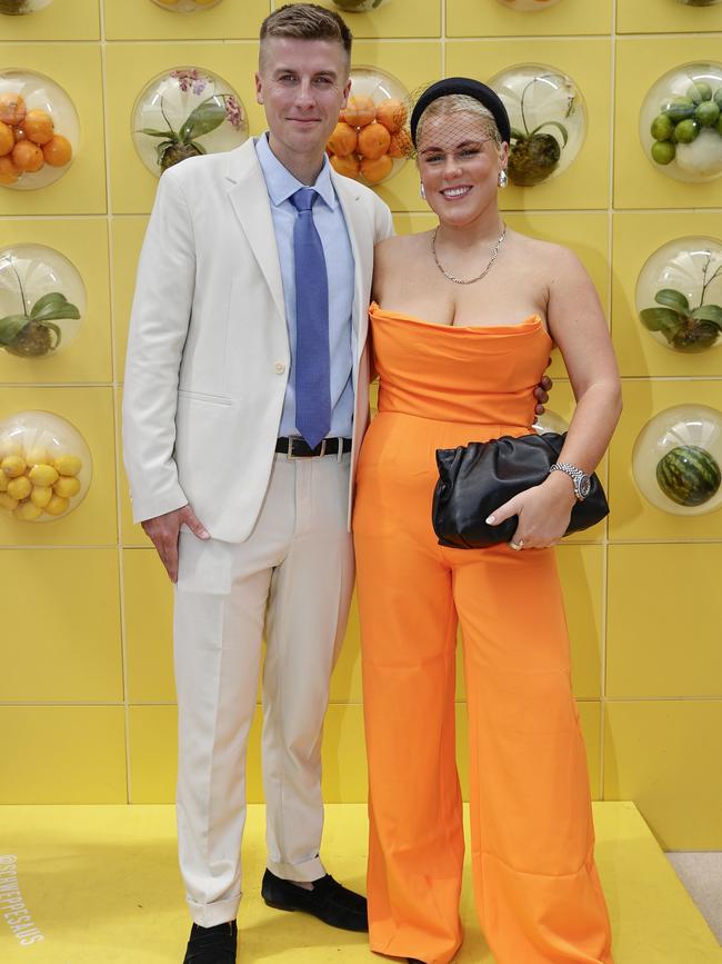 Alex Heath and Brooke Warne pose for a photo during 2023 Melbourne Cup Day at Flemington Racecourse on November 07 in Melbourne. Picture: Sam Tabone/Getty Images