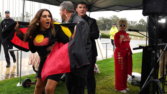 Independent Senator Lidia Thorpe after attempting to disrupt British women’s rights activist Kellie-Jay Keen-Minshull, also known as Posie Parker at a “Let Womaen Speak” rally outside Parliament House in Canberra on March 23.