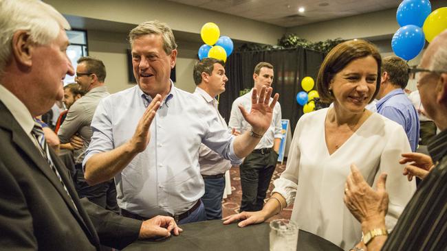 Queensland LNP leader Tim Nicholls and deputy leader Deb Frecklington speak to locals Chris O'Mara (left) and George Cook (right) while they visit a small business forum at Nerang RSL, as part of the 2017 Queensland election campaign, in Brisbane, Tuesday, October 31, 2017. (AAP Image/Glenn Hunt)