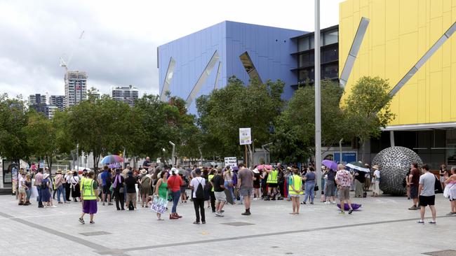 Protesters gather in Brisbane on Sunday. Picture: Steve Pohlner