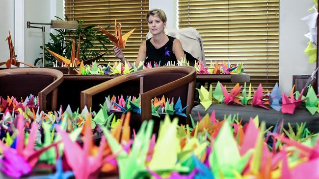 Former Australian Democrats senator Natasha Stott Despoja with some of the 1,000 paper cranes folded by South Australians in support of peace and as a protest against the Iraq War.