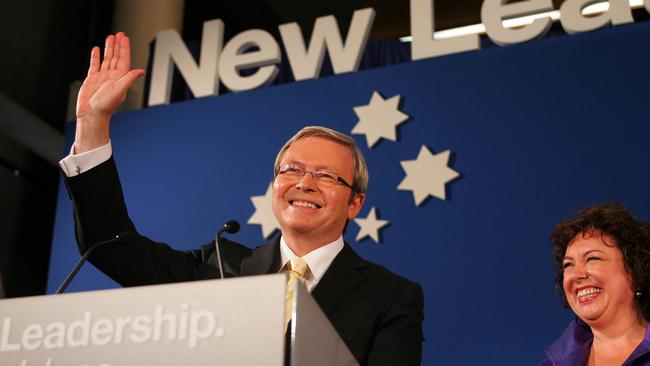 Labor Leader Kevin Rudd and his wife, Therese Rein, celebrate Labor’s 2007 federal election victory at Suncorp Stadium. Photo: Supplied