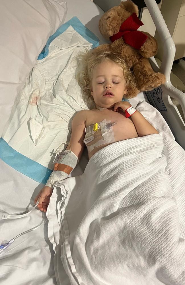 Annabelle in hospital after being diagnosed with leukaemia. Picture: Supplied/Brendan Horne