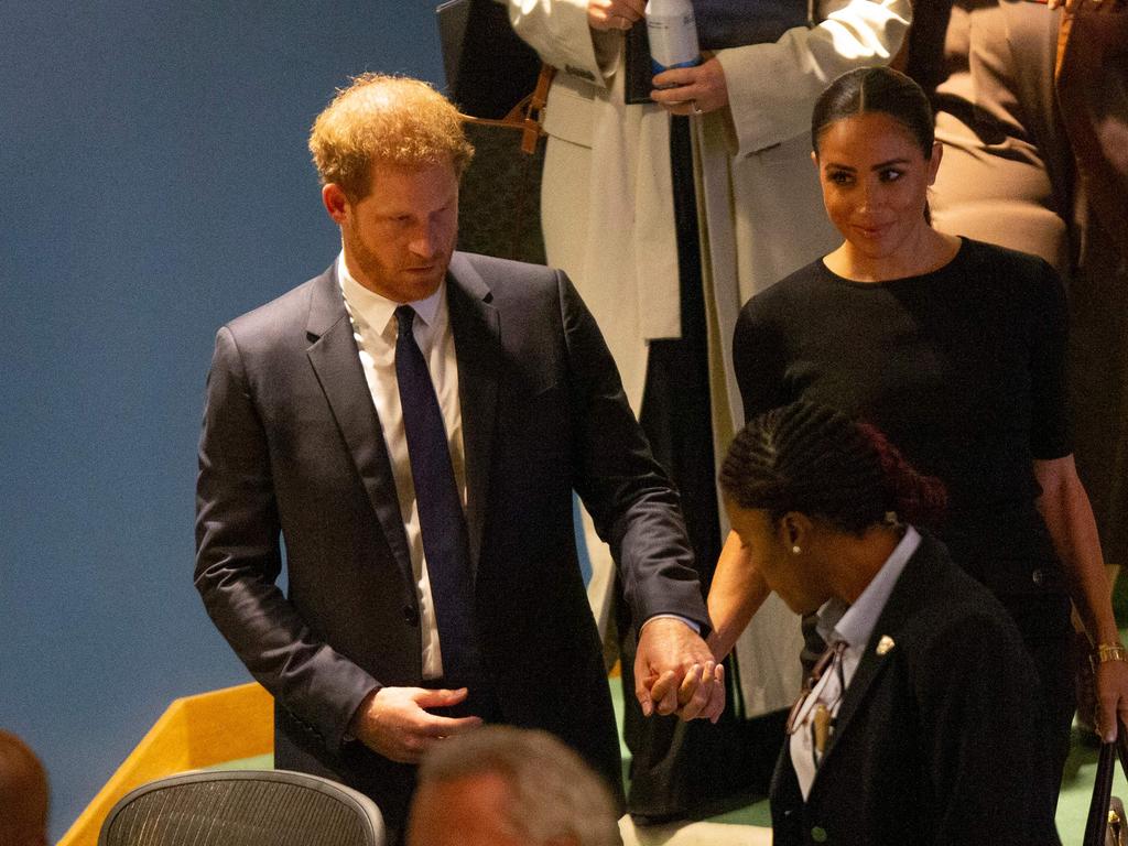 The Duke and Duchess of Sussex find their seats at the UN General Assembly. Picture: AFP