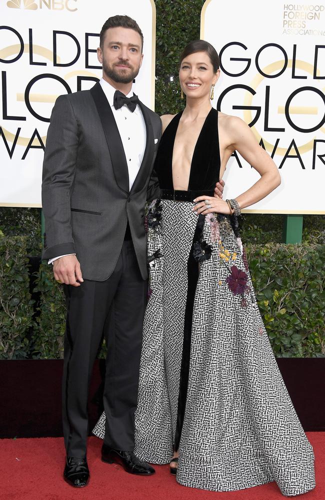 Justin Timberlake and actress wife Jessica Biel, in Elie Saab, at the Golden Globe Awards Picture: Getty Images.