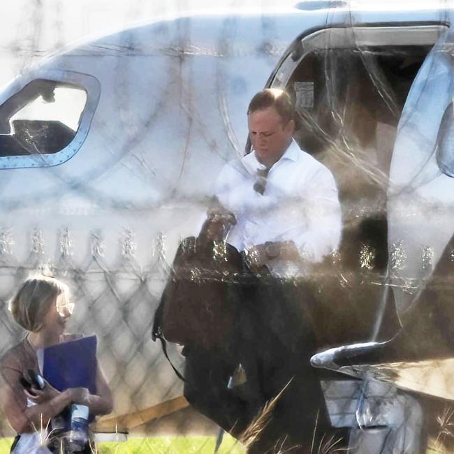 Premier Steven Miles and staff exiting a private jet, at Brisbane Airport earlier this year. Picture: Lyndon Mechielsen