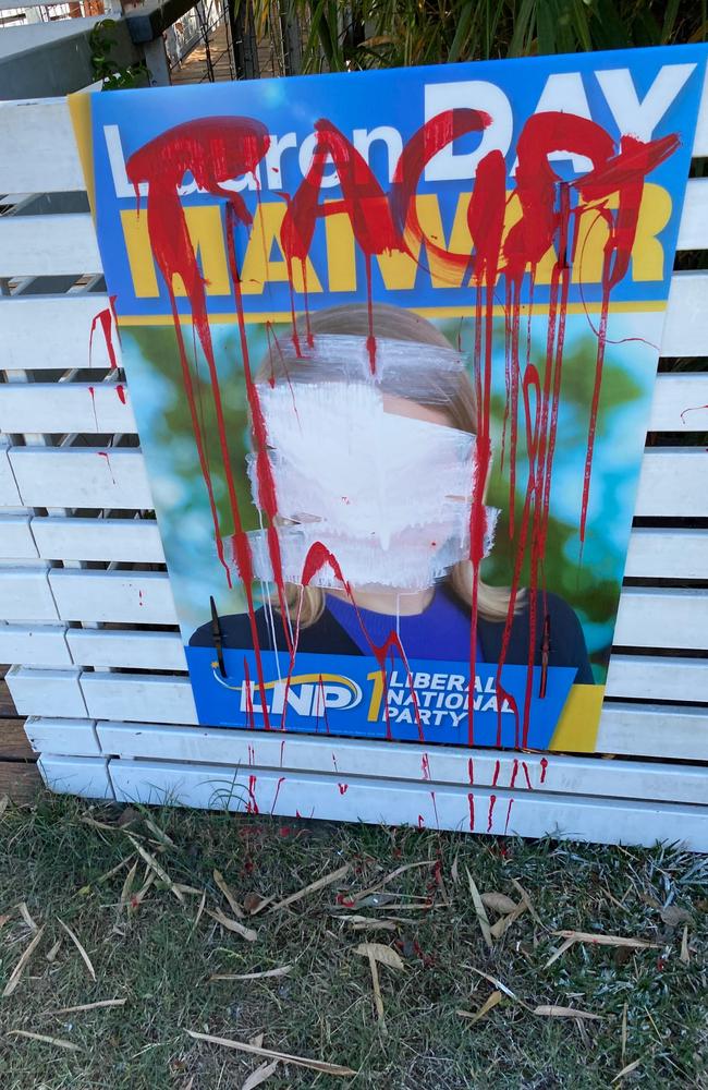 LNP Candidate for Maiwar Lauren Day has had her corflute signs graffitied.