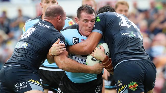 Paul Gallen copped a rib cartilage injury in the Sharks’ win over the Cowboys. Picture: AAP