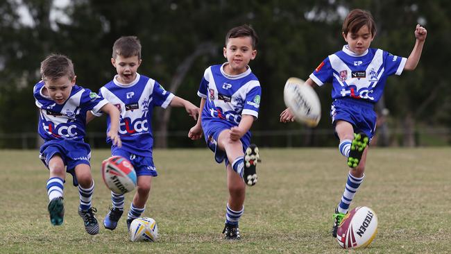 Nicholas Di Tullio, 5, Wolfgang Cartledge, 6, Kairo Wirihana, 6, and Cooper Fogg, 6, won’t see a premiership until they reach under-13s. Picture: AAP/Claudia Baxter