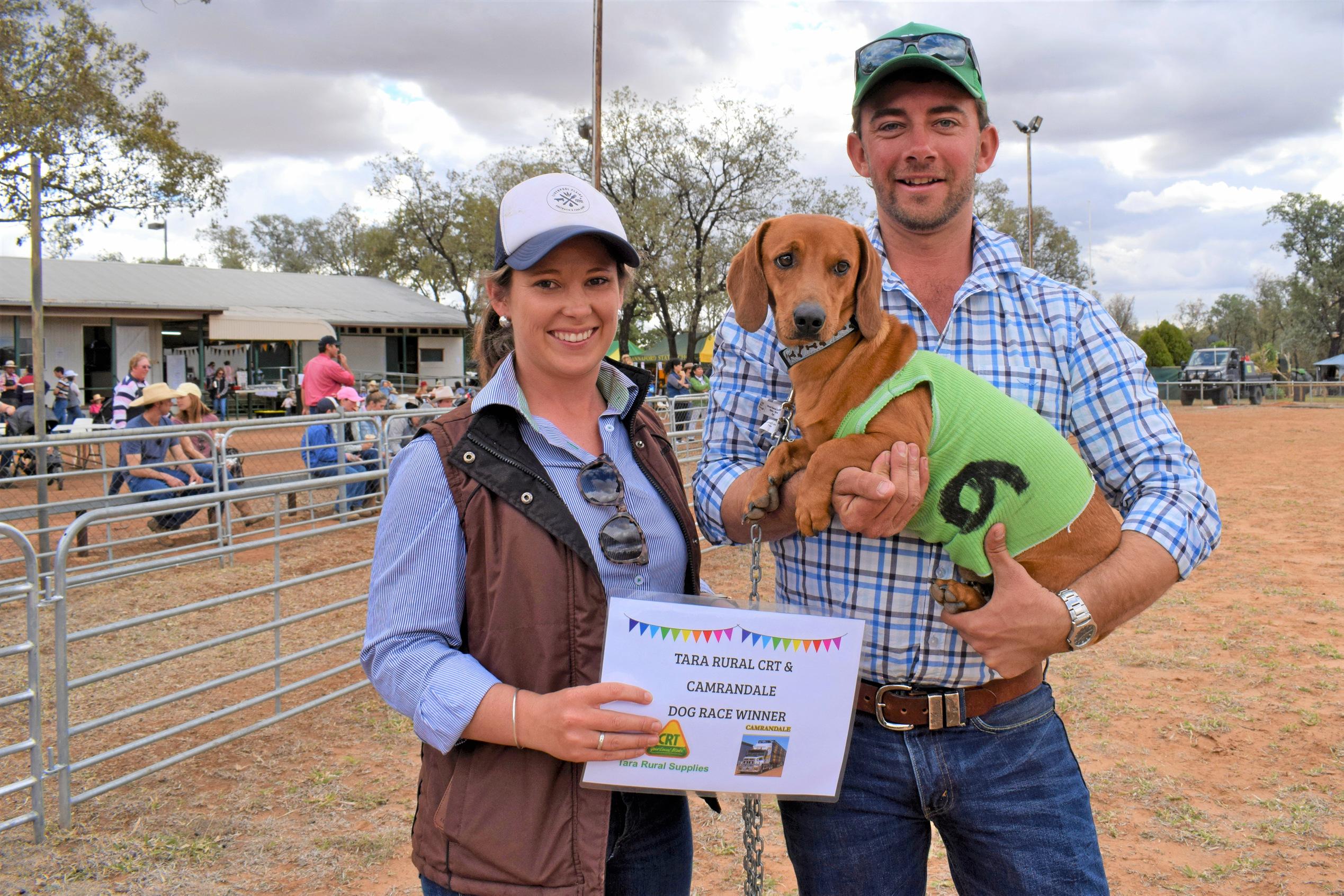 Kirsty and Tim Wilkin with Barney the Hannaford Daschound Dash Champion at the Hannaford Gymkhana and Fete. Picture: Kate McCormack