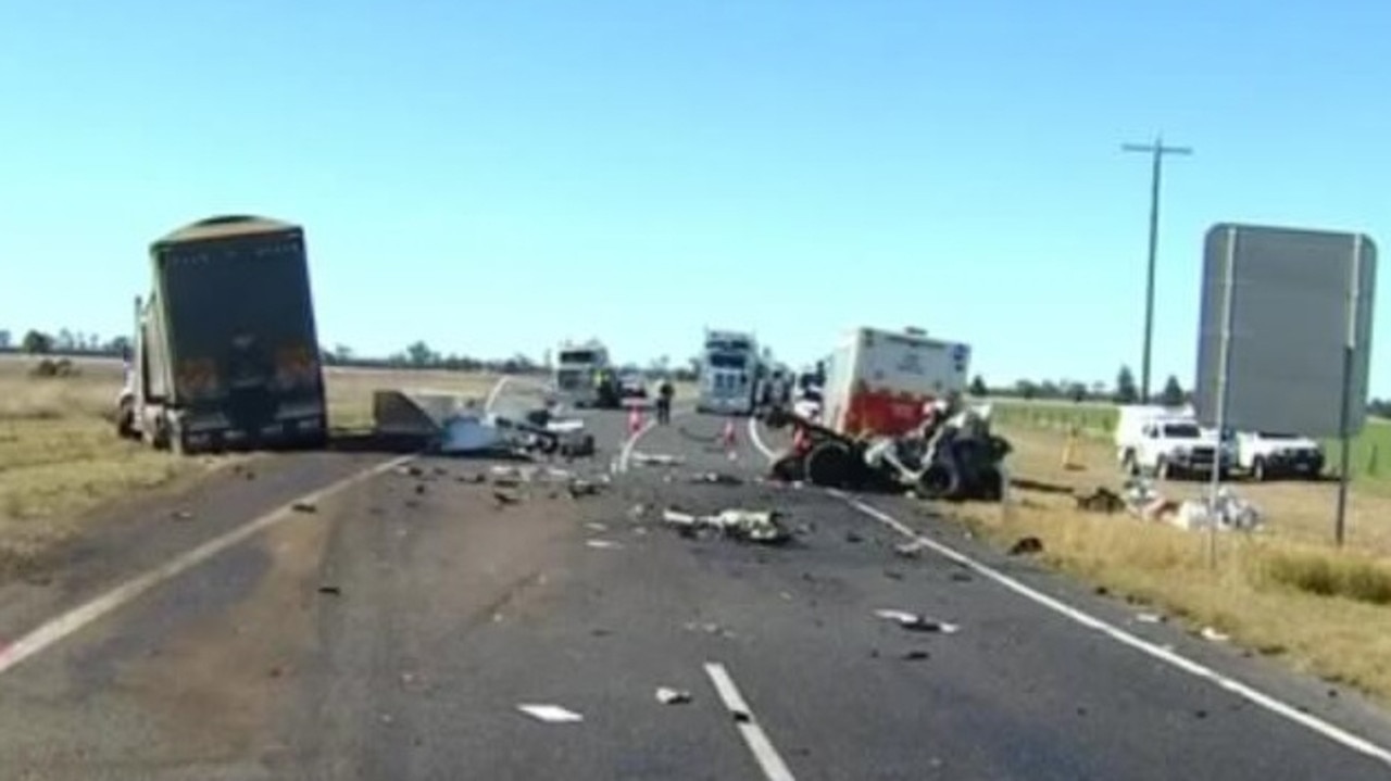 A 32-year-old Glenvale man died when he collided head on with a truck on the Gore Highway at Millmerran. Photo: 7 News Toowoomba.