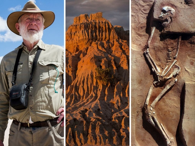 From left: Jim Bowler; the Walls of China in Mungo National Park, part of the Willandra Lakes Region World Heritage property; and the Mungo Man skeleton.