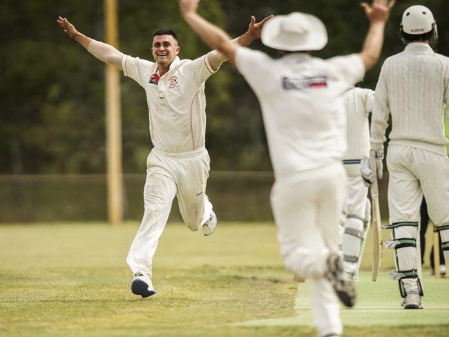 Sorrento paceman Jake Wood celebrates a wicket. Picture Valeriu Campan