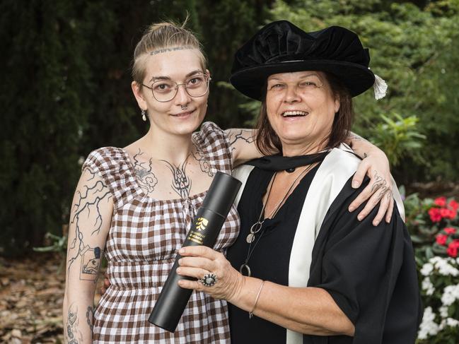 Doctorate of Creative Arts graduate Hele Ellis with Elf Ellis at a UniSQ graduation ceremony at Empire Theatres, Tuesday, February 13, 2024. Picture: Kevin Farmer