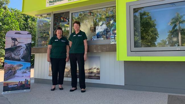Volunteers Laurel Etwell and Edna Beutel outside the new Mackay Tourism Mackay Visitor Information Centre at the Bluewater Lagoon.